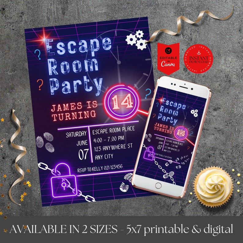 Editable Escape Room Birthday Invitation, Digital neon invite, Kids or Preteens, Mystery Break Out, Detective party, Uncover the Mystery, ER zdjęcie 2