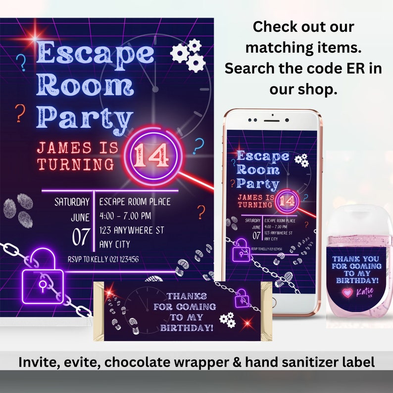 Editable Escape Room Birthday Invitation, Digital neon invite, Kids or Preteens, Mystery Break Out, Detective party, Uncover the Mystery, ER zdjęcie 8