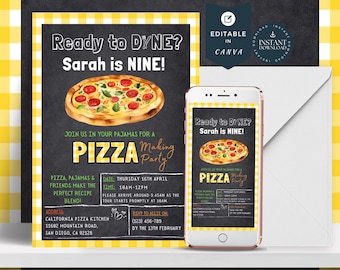Puede incluir: Una invitación imprimible para una fiesta de pizza. La invitación está diseñada para parecerse a una pizarra con una ilustración de pizza y el texto "¿Listo para DYNE? ¡Sarah tiene NUEVE!"  Únete a nosotros en pijama para una fiesta de elaboración de pizza. La invitación incluye la fecha, la hora, la dirección y la información de RSVP.