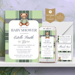 Classic Green Navy Plaid Equestrian Baby Shower Bundle | Invitations, Books, Diaper Raffle | Printable Instant Download | Editable Template