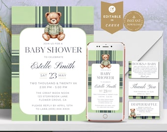 Classic Green Navy Plaid Equestrian Baby Shower Bundle | Invitations, Books, Diaper Raffle | Printable Instant Download | Editable Template