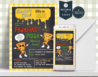Puede incluir: Una invitación amarilla y negra para una fiesta de pizza en pijama. La invitación presenta una pizza de dibujos animados con una cara y gafas de sol. El texto de la invitación dice "¿Listo para cenar? Ellie tiene nueve años. ¡Únete a nosotros en pijama para una fiesta de pizza!" La invitación también incluye la fecha, la hora, la dirección y la información de RSVP.