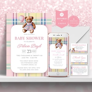 Classic Pastel Plaid Equestrian Baby Shower Bundle | Invitations, Books, Diaper Raffle | Printable Instant Download | Editable Template