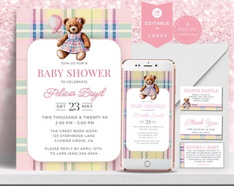 Classic Pastel Plaid Equestrian Baby Shower Bundle | Invitations, Books, Diaper Raffle | Printable Instant Download | Editable Template