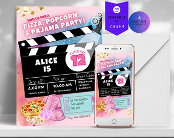 Modelo de convite de aniversário para festa de pipoca e pijama de pizza, convite para festa de filme, festa do pijama, convite digital de aniversário para festa do pijama