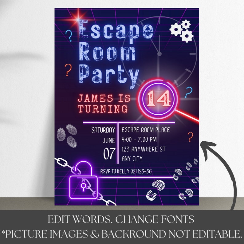 Editable Escape Room Birthday Invitation, Digital neon invite, Kids or Preteens, Mystery Break Out, Detective party, Uncover the Mystery, ER zdjęcie 4