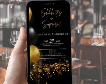 Suprize Party Invitation| Online Editable Template| INSTANT DOWNLOAD| Mobile Invite text| Black gold Invite for Him, NN01