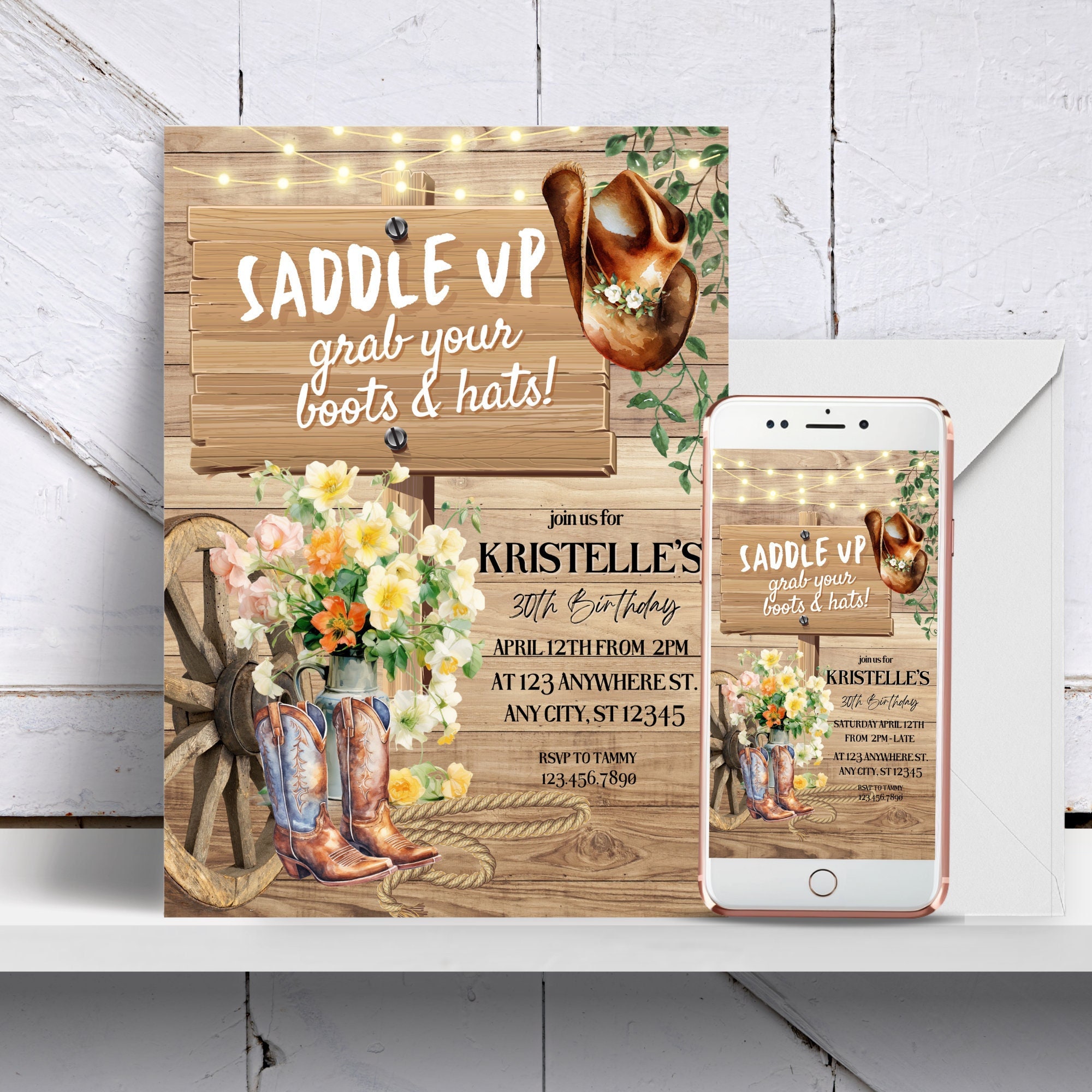 Editable Pink Cowgirl Boots Birthday Party Invitation -Western Saddle Up Digital Invite Country Floral Roses Printable Template 30th, 21st