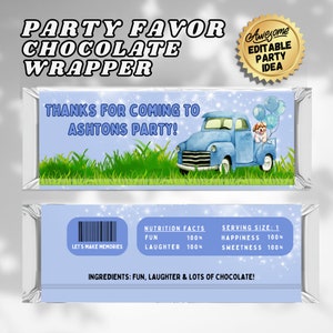 May include: A blue and white chocolate bar wrapper featuring a cartoon truck and a dog. The wrapper reads "Thanks for coming to Ashton's Party!" and includes a nutrition facts label stating "Fun 100% Laughter 100%".