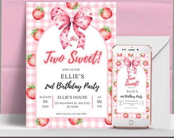 Invitación editable para el segundo cumpleaños con bayas y fresas, lazos coquetos para cumpleaños, fiesta de verano para el segundo cumpleaños, descarga instantánea