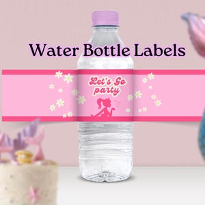 May include: Pink water bottle labels with a silhouette of a fairy and the text "Let's Go Party". The labels are decorated with white flowers.