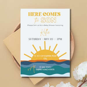 Editable Here Comes the Son Baby Shower,Here Comes the Son Baby Shower Invitation, Sunshine Baby shower,Sun Baby Shower Decor, Blue,Sunshine