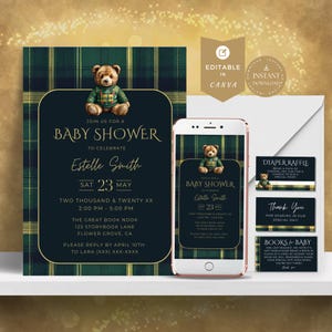 Klassisches dunkelgrünes kariertes Reiter-Babyparty-Paket | Einladungen, Bücher, Windelraffle | Druckbare Sofort-Download | Bearbeitbare Vorlage