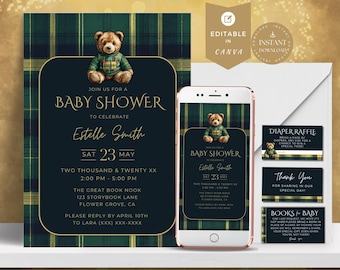 Classic Dark Green Plaid Equestrian Baby Shower Bundle | Invitations, Books, Diaper Raffle | Printable Instant Download | Editable Template