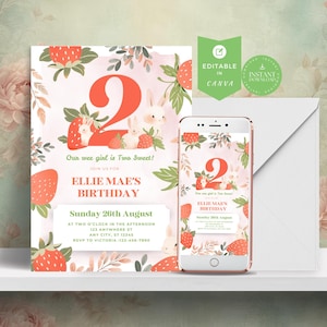 Berry Birthday Invitation, Strawberry 2nd Birthday Invite, Summer Birthday Invitation, Berry 1st Birthday Invite, Spring, Template