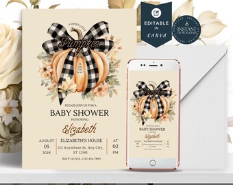 Little Pumpkin is On The Way Pink Bow Girl Baby Shower Invitation Template Watercolor Pink Bow Fall Theme Invite Pretty Autumn Pumpkin Canva