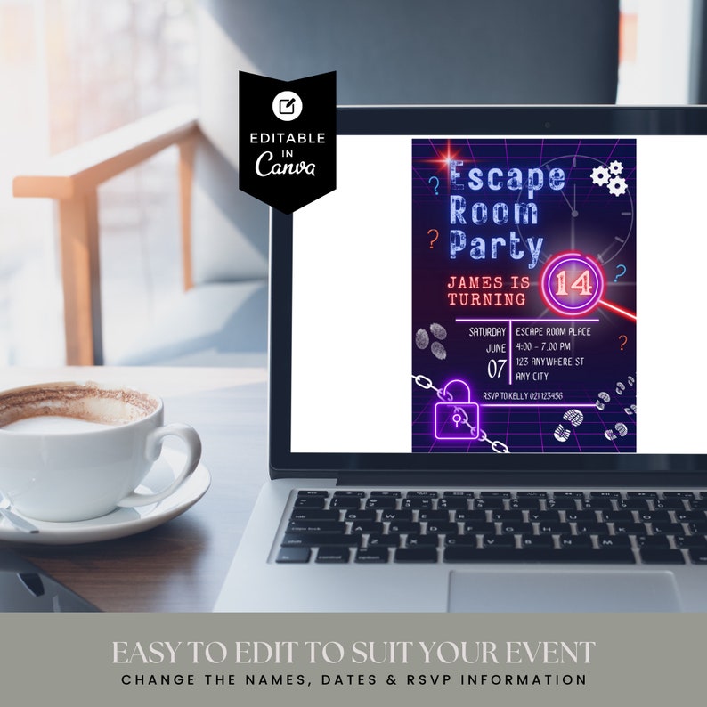 Editable Escape Room Birthday Invitation, Digital neon invite, Kids or Preteens, Mystery Break Out, Detective party, Uncover the Mystery, ER image 7