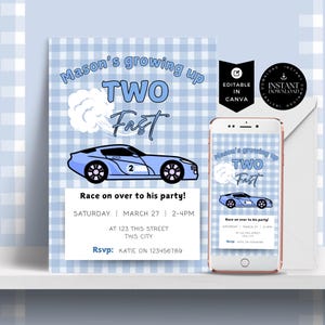 Editable TWO Fast Birthday Invitation, Race Car 2nd Birthday Invite, Racing Car, Vintage Racecar Printable Template Instant Download, bundle