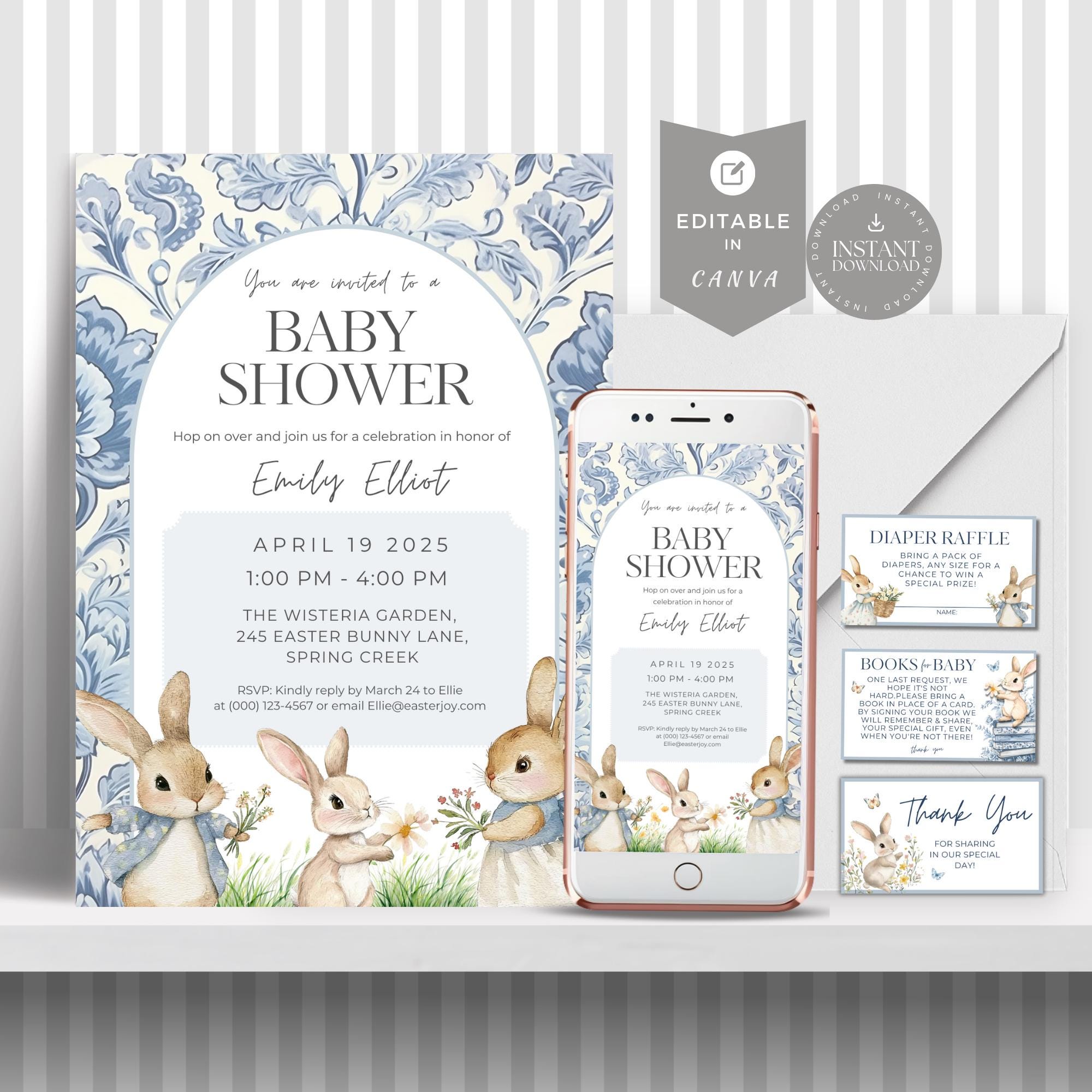 EDITABLE Peter Rabbit Baby Shower Invitation, Rustic Bunny Watercolor ...