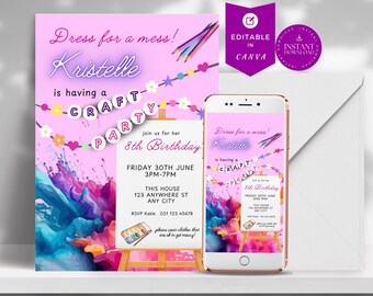 Plantilla de invitación de cumpleaños editable con diseño artístico, invitación de cumpleaños con diseño artístico, diseño artístico, invitación para fiesta de manualidades, vestido para un desastre