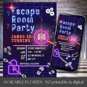 Editable Escape Room Birthday Invitation, Digital neon invite, Kids or Preteens, Mystery Break Out, Detective party, Uncover the Mystery, ER zdjęcie 3