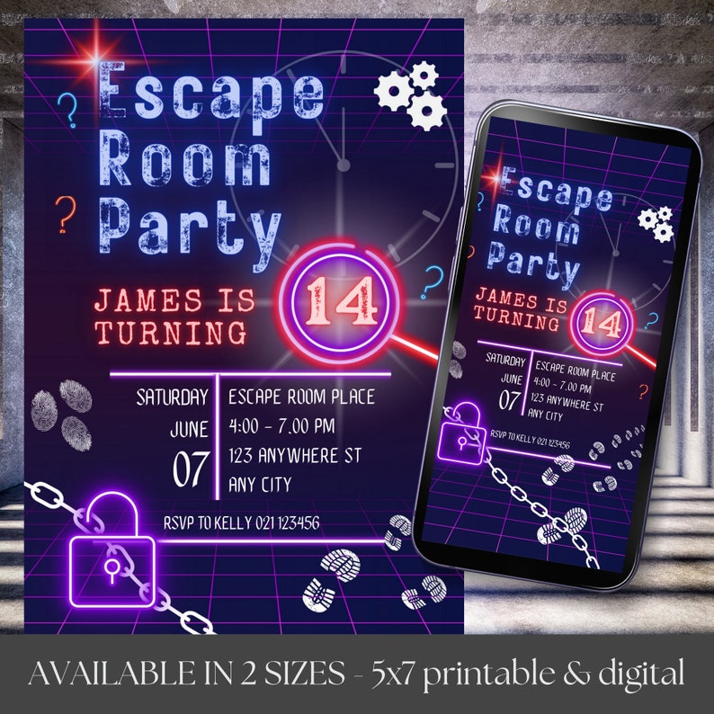 Editable Escape Room Birthday Invitation, Digital neon invite, Kids or Preteens, Mystery Break Out, Detective party, Uncover the Mystery, ER image 3