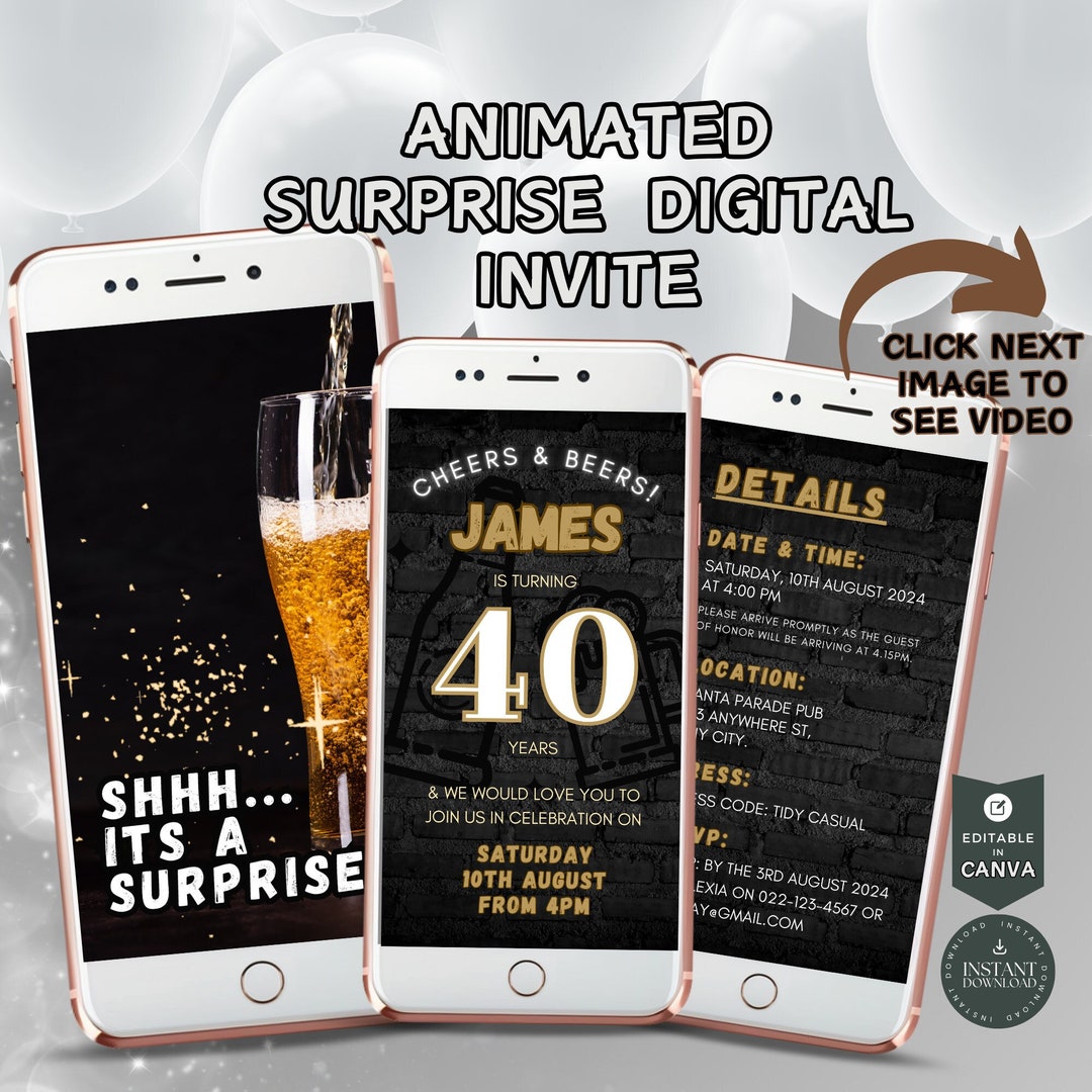 Surprise Einvite, Text Invitation, Phone Invite, Gold Neon Birthday