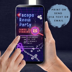 Editable Escape Room Birthday Invitation, Digital neon invite, Kids or Preteens, Mystery Break Out, Detective party, Uncover the Mystery, ER image 5