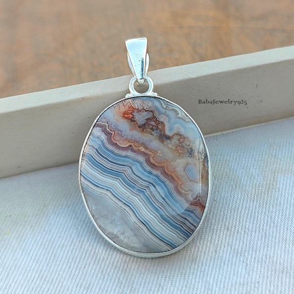 Colgante de ágata de encaje loco, collar de plata de ley 925, colgante de ágata de encaje, piedra preciosa de forma ovalada, collar de ágata de plata, collar delicado para mujer