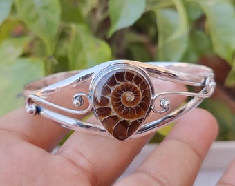 Ammonite Bangle, 925 Sterling Silver Bangle, Handmade Bangle, Women Bangle, Ammonite Jewelry, Designer Bangle, Pear Shape Gemstone Bangle,
