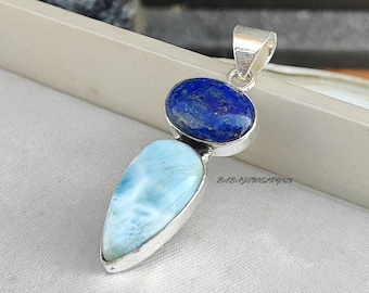 Larimar & Lapis Lazuli Gemstone Pendant, 925 Sterling Silver