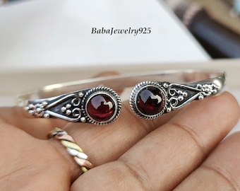 Natural Garnet Gemstone Bangle, 925 Sterling Silver, Handmade Bangle, Garnet Silver Bangle, Adjustable Bangle, Boho Bangle, Dainty Bracelet,