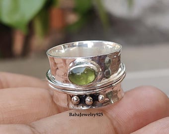 Natural Peridot Band Ring, 925 Sterling Silver Ring, Meditation Ring, Designer Band Ring, Christmas Gift ,Peridot Jewelry, Silver Band Ring