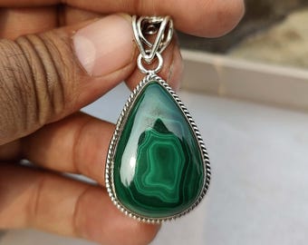 Pear Malachite Pendant: 925 Sterling Silver Necklace