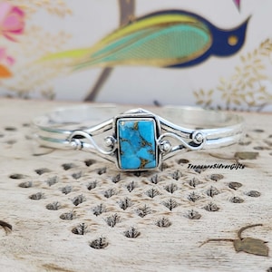 Blue Copper Turquoise Bangle, 925 Sterling Silver, Women Bangle, Gemstone Bangle, Boho Bangle, Adjustable Bangle, Statement Bangle, Gifts,