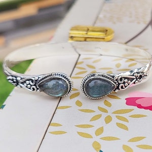 Handmade Labradorite 925 Sterling Silver Bangle: Boho Gemstone Jewelry