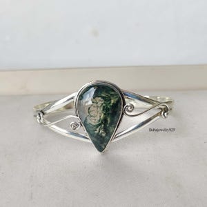 Handmade Pear Cut Moss Agate Bangle: 925 Sterling Silver Promise Jewelry