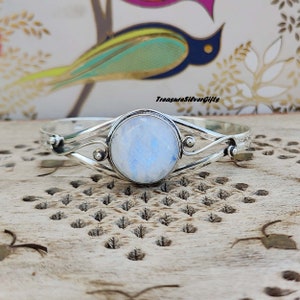 Handmade Rainbow Moonstone Bangle: 925 Sterling Silver Boho Bracelet