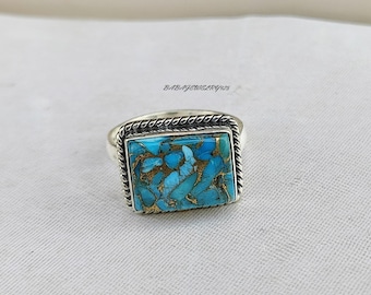 Anello Argento 925 Con Turchese Naturale A Goccia - Fatto A Mano In India