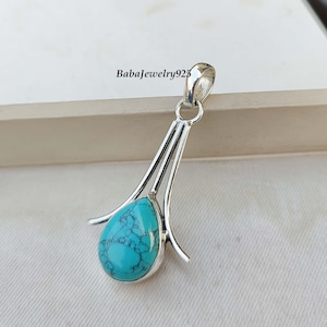 Hanger turkoois peer: levendige blauwe edelsteen, sterlingzilveren ketting