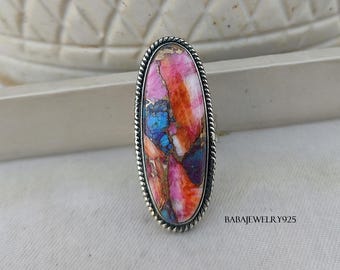 Handmade Pink Copper Turquoise Ring: 925 Sterling Silver Statement Ring