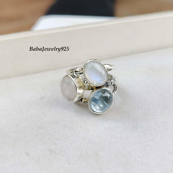 Aquamarine , Moonstone And Rose Quartz Ring, 925 Sterling Silver Ring, Three Band Handmade Ring, Women Jewelry, Rose Quartz Ring, Gifts, ///