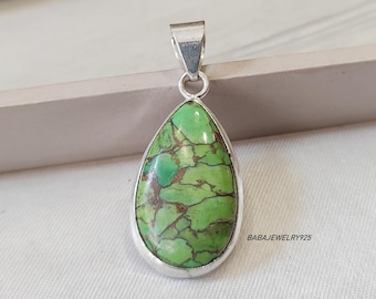 Green copper Turquoise Pendant, 925 Sterling Silver Pendant, Handmade Jewelry, Birthday Gift, Women Jewelry, Anniversary Gift, ///