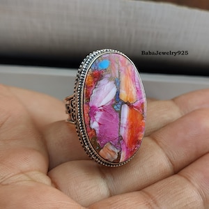 Pink Copper Turquoise Ring, 925 Sterling Silver Ring, Handmade Ring, Pink Oyster Ring, Turquoise Jewelry,Statement Ring,Designer Silver Ring