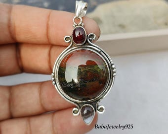 Natural Bloodstone Pendant, 925 Sterling Silver, Garnet Necklace Jewelry, Aquamarine Pendant, Graceful Jewelry, Perfect Gift For Birthday
