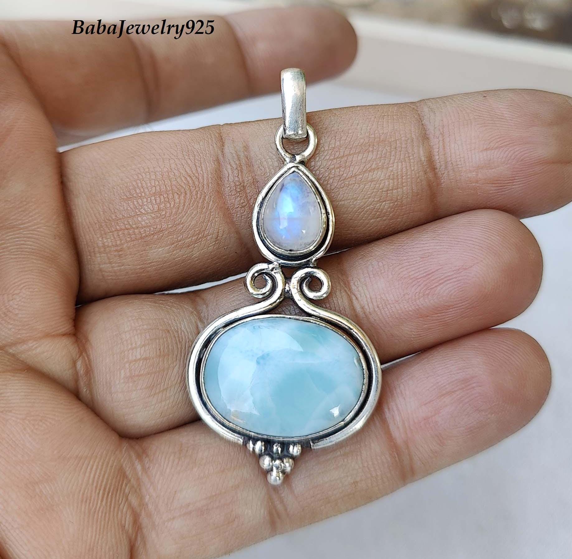 Larimar And Moonstone Pendant, 925 Sterling Silver, Handmade Pendant, Silver Necklace, Gemstone Pendant, Birthday Gift, Gift For Women