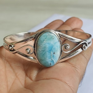 Handmade Larimar Bangle: 925 Sterling Silver Adjustable Gemstone Bracelet