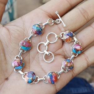Roze koperen turkoois armband, 925 sterlingzilver, ovale edelsteen armband turkoois, zilveren sieraden, mooie verstelbare armband, cadeauartikel