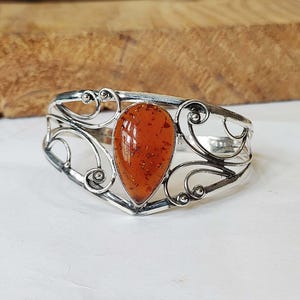 Handmade Pear Amber Bangle: 925 Sterling Silver Designer Gemstone
