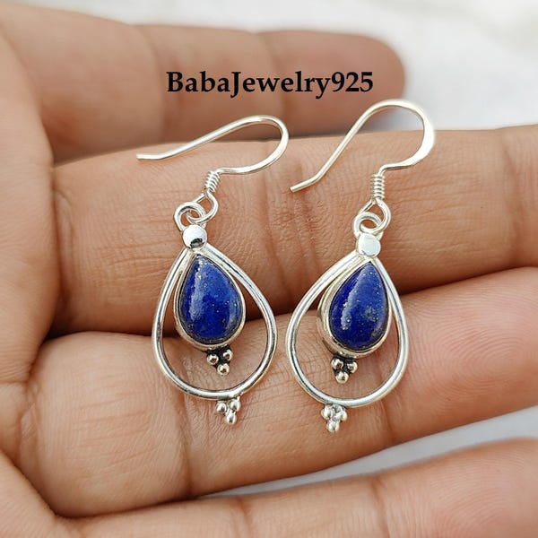 Lapis Lazuli Gemstone Earrings | 925 Sterling Silver | Hook Wire Earrings | Handmade Silver Dangle Drop Earrings For Women & Girls, Gifts,